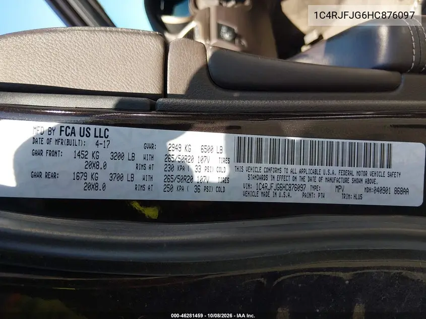 2017 JEEP GRAND CHEROKEE VIN 1C4RJFJG6HC876097 — фото 9
