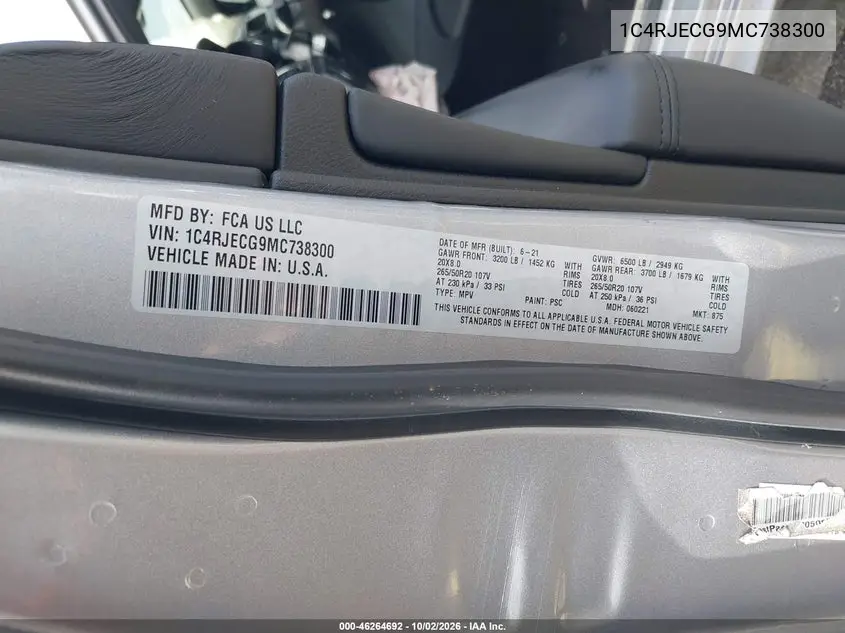 2021 JEEP GRAND CHEROKEE VIN 1C4RJECG9MC738300 — фото 9