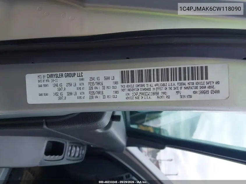 2012 JEEP LIBERTY (NORTH AMERICA) VIN 1C4PJMAK6CW118090 — фото 9