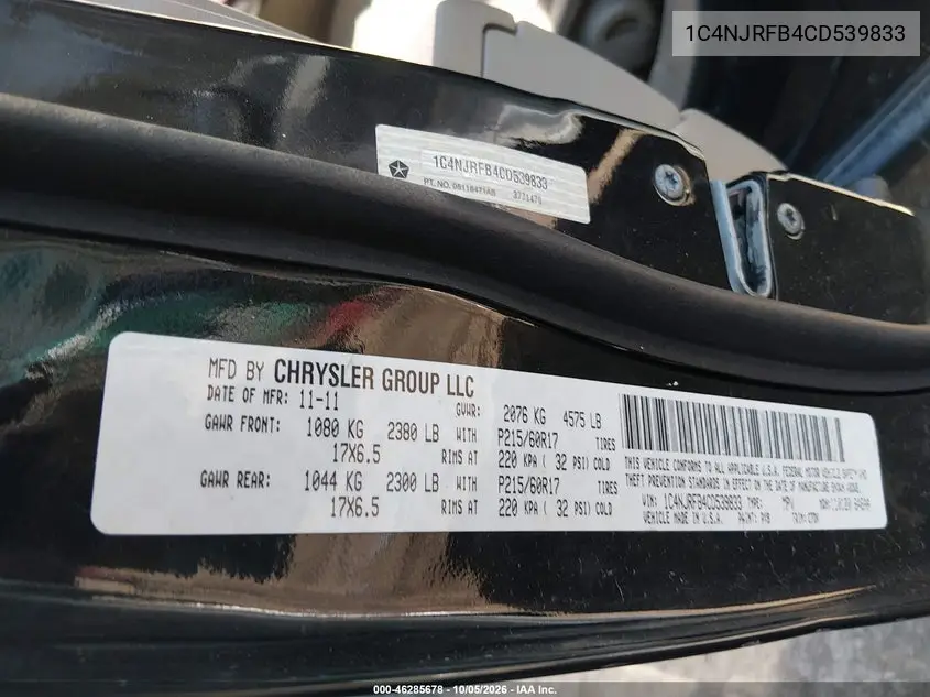 2012 JEEP LIBERTY (PATRIOT) VIN 1C4NJRFB4CD539833 — фото 9