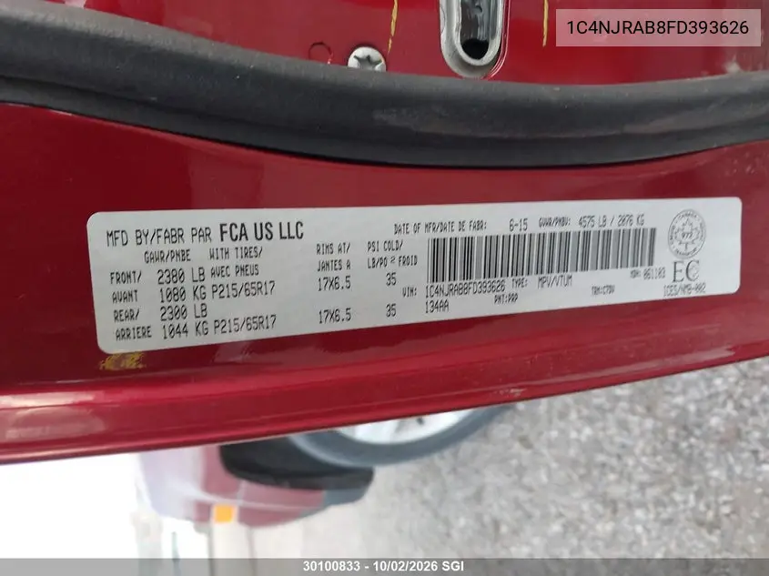 2015 JEEP LIBERTY (PATRIOT) VIN 1C4NJRAB8FD393626 — фото 9