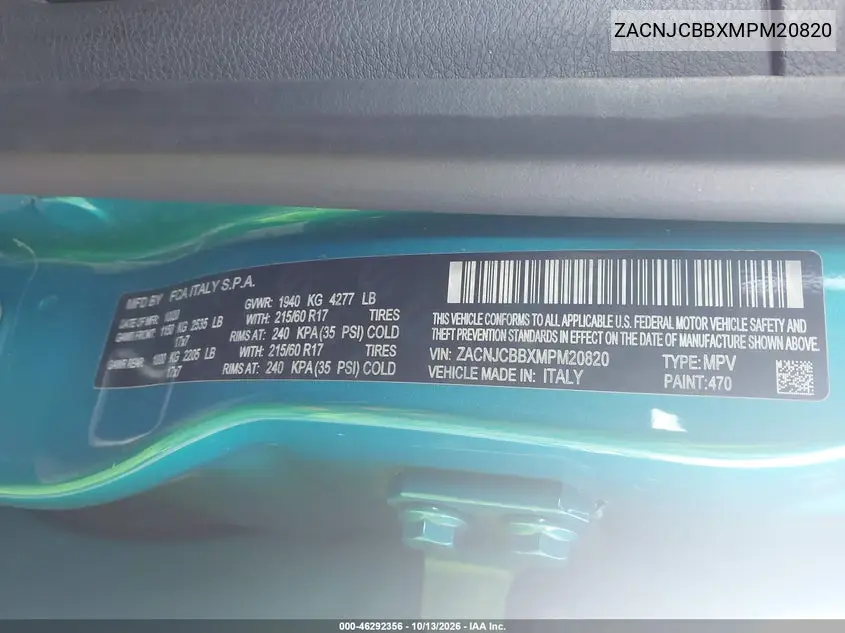 2021 JEEP RENEGADE VIN ZACNJCBBXMPM20820 — фото 9