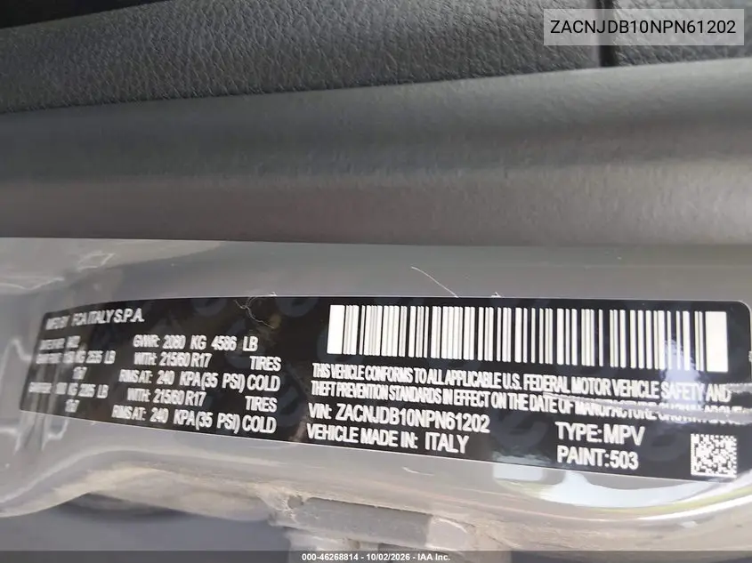 2022 JEEP RENEGADE VIN ZACNJDB10NPN61202 — фото 9