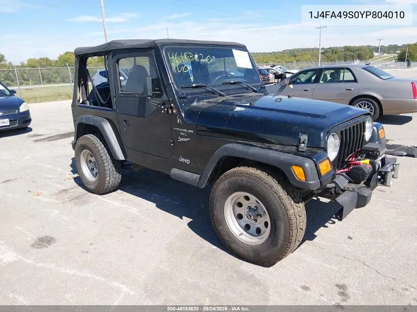 JEEP WRANGLER 2000, VIN 1J4FA49S0YP804010