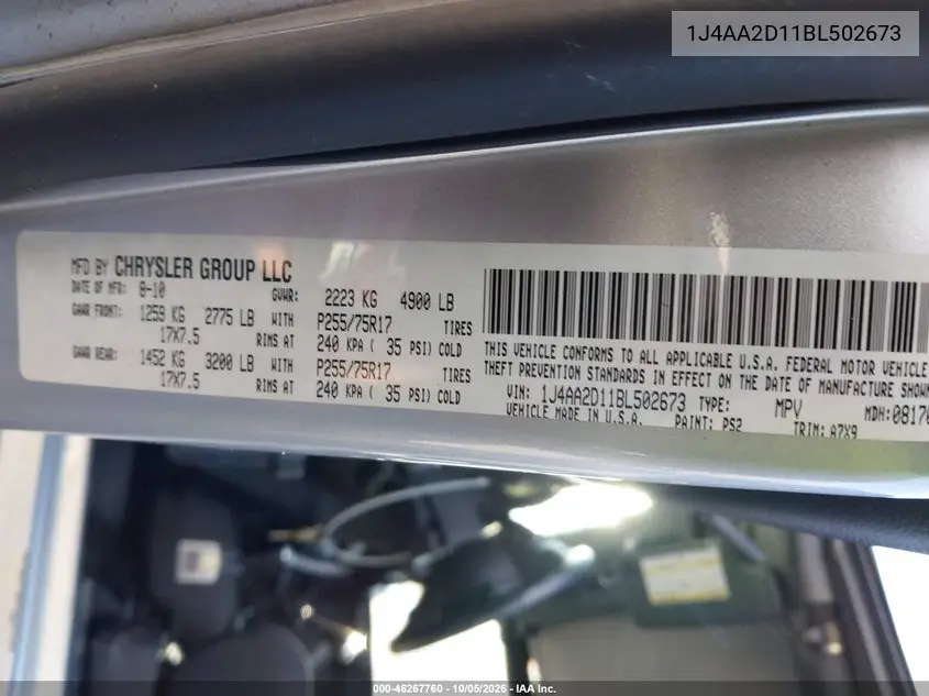2011 JEEP WRANGLER VIN 1J4AA2D11BL502673 — фото 9