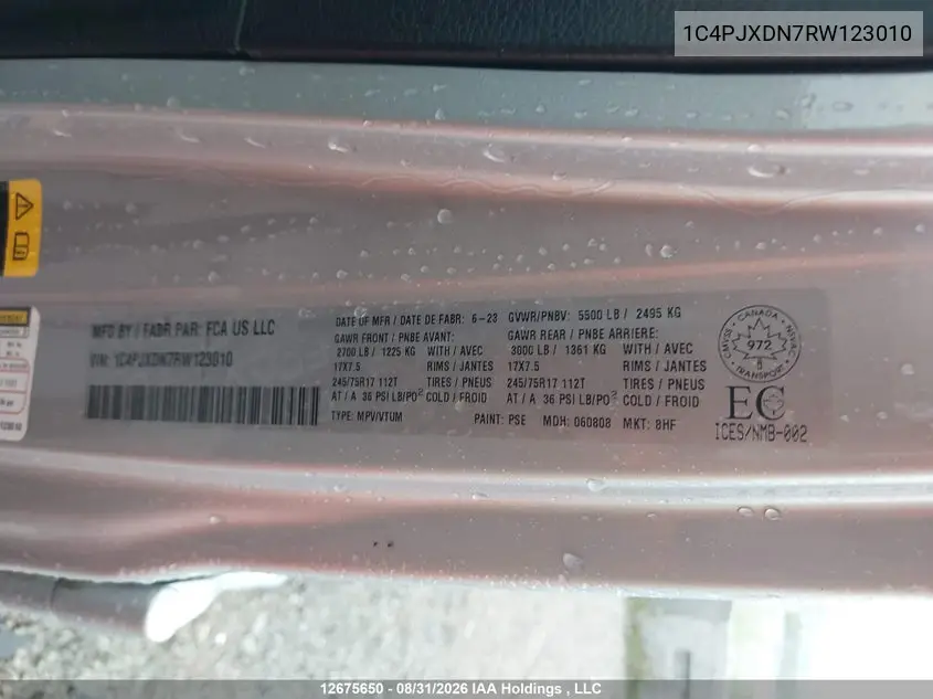 2024 JEEP WRANGLER VIN 1C4PJXDN7RW123010 — фото 9