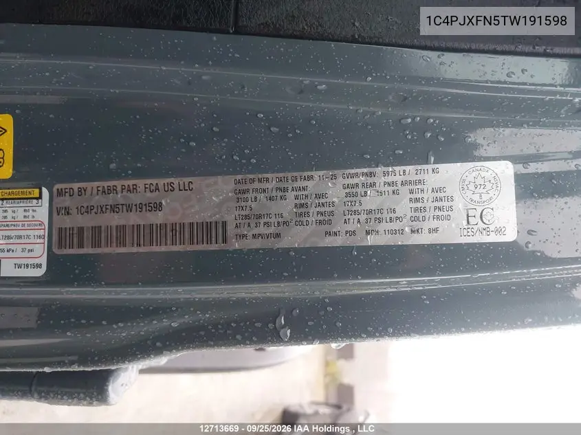 2026 JEEP WRANGLER VIN 1C4PJXFN5TW191598 — фото 9