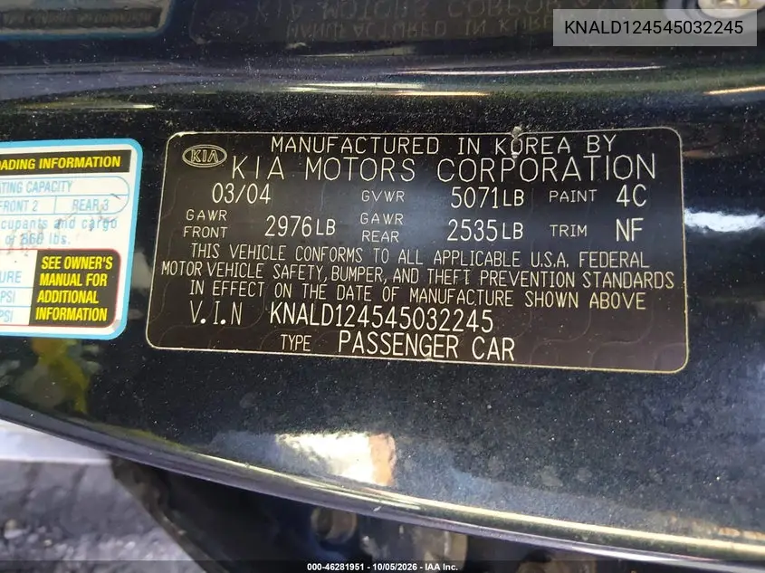 2004 KIA AMANTI VIN KNALD124545032245 — фото 9