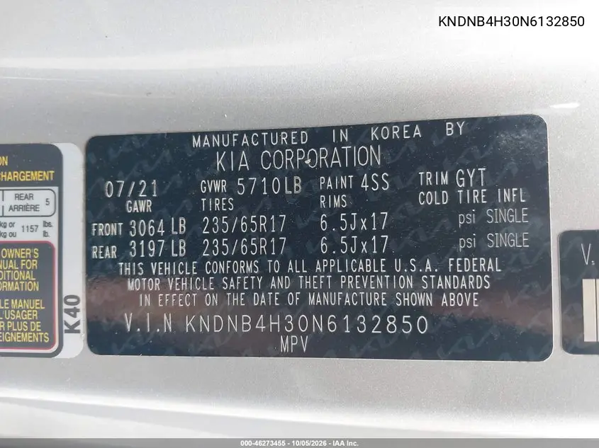 2022 KIA CARNIVAL VIN KNDNB4H30N6132850 — фото 9