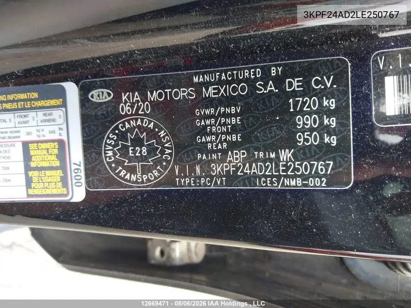 2020 KIA FORTE VIN 3KPF24AD2LE250767 — фото 9