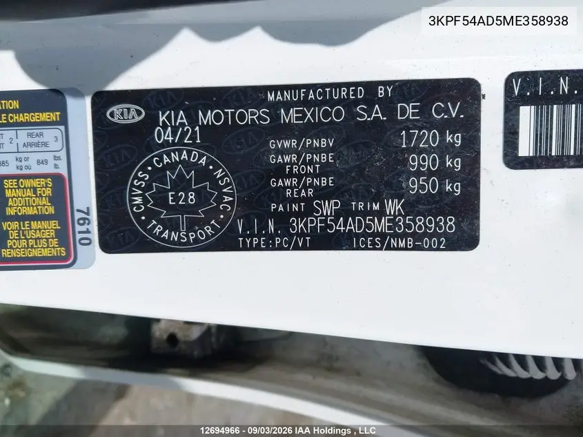 2021 KIA FORTE VIN 3KPF54AD5ME358938 — фото 9