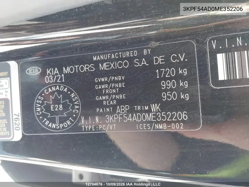 2021 KIA FORTE VIN 3KPF54AD0ME352206 — фото 9