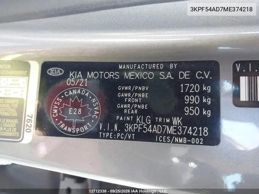 2021 KIA FORTE VIN 3KPF54AD7ME374218 — фото 9