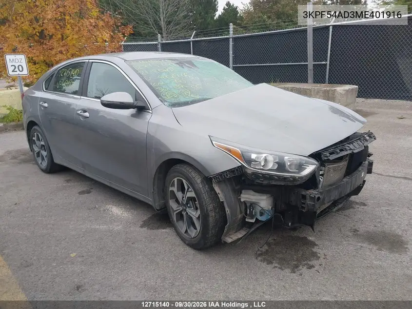 KIA FORTE 2021, VIN 3KPF54AD3ME401916