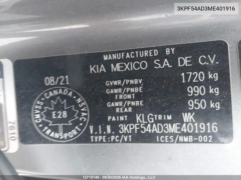 2021 KIA FORTE VIN 3KPF54AD3ME401916 — фото 9
