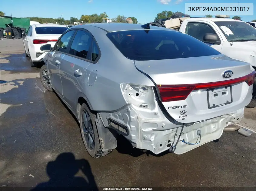 2021 KIA FORTE VIN 3KPF24AD0ME331817 — фото 3