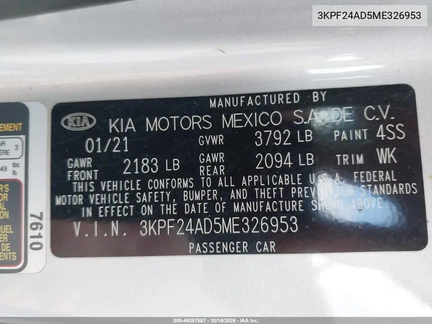 2021 KIA FORTE VIN 3KPF24AD5ME326953 — фото 9