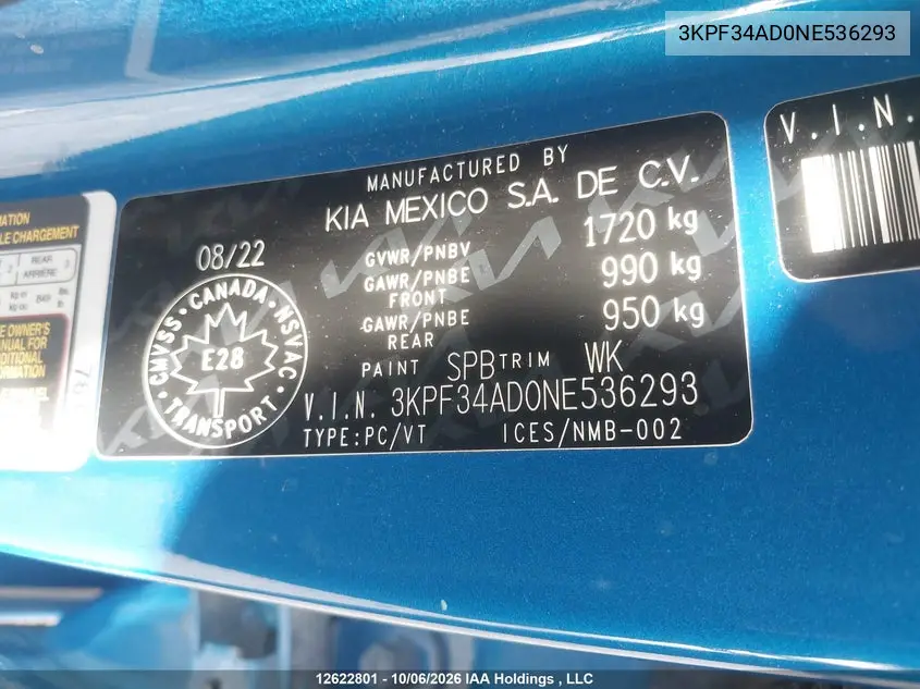 2022 KIA FORTE VIN 3KPF34AD0NE536293 — фото 9