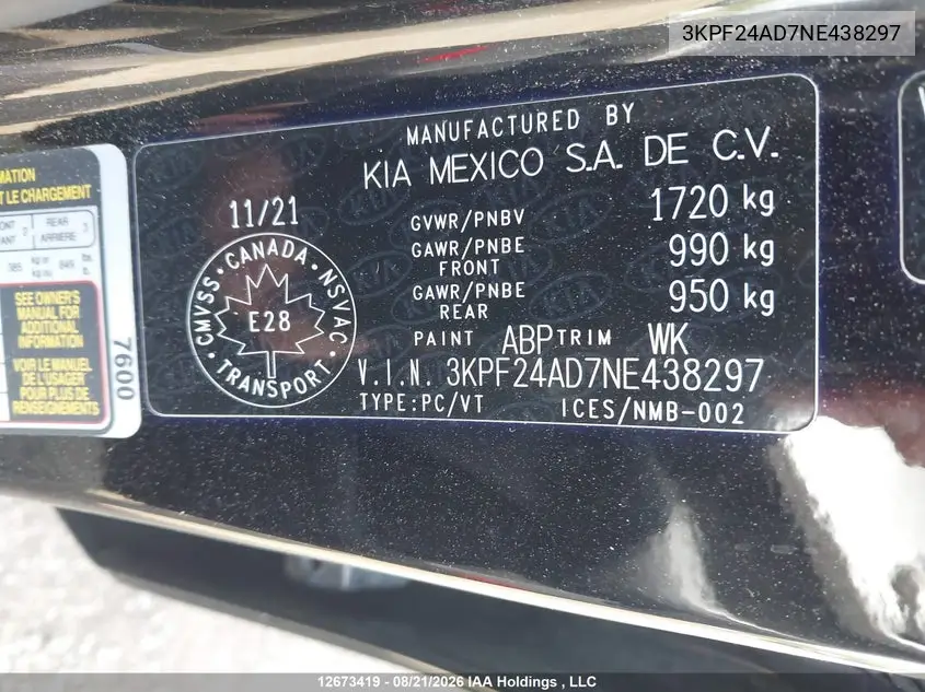 2022 KIA FORTE VIN 3KPF24AD7NE438297 — фото 9