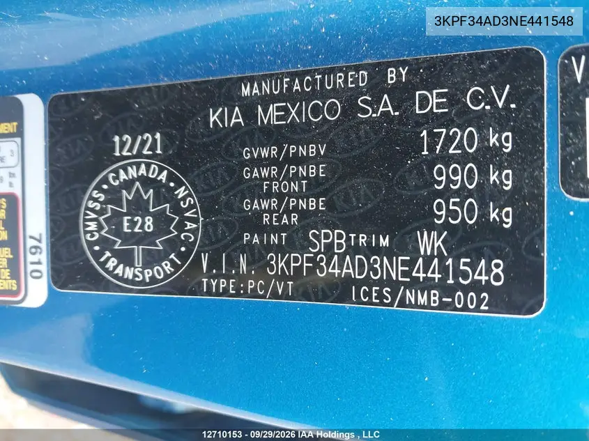 2022 KIA FORTE VIN 3KPF34AD3NE441548 — фото 9