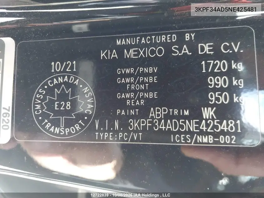 2022 KIA FORTE VIN 3KPF34AD5NE425481 — фото 9