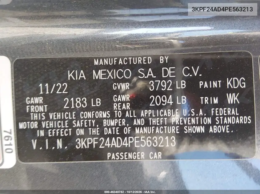2023 KIA FORTE VIN 3KPF24AD4PE563213 — фото 9