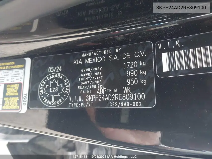 2024 KIA FORTE VIN 3KPF24AD2RE809100 — фото 9