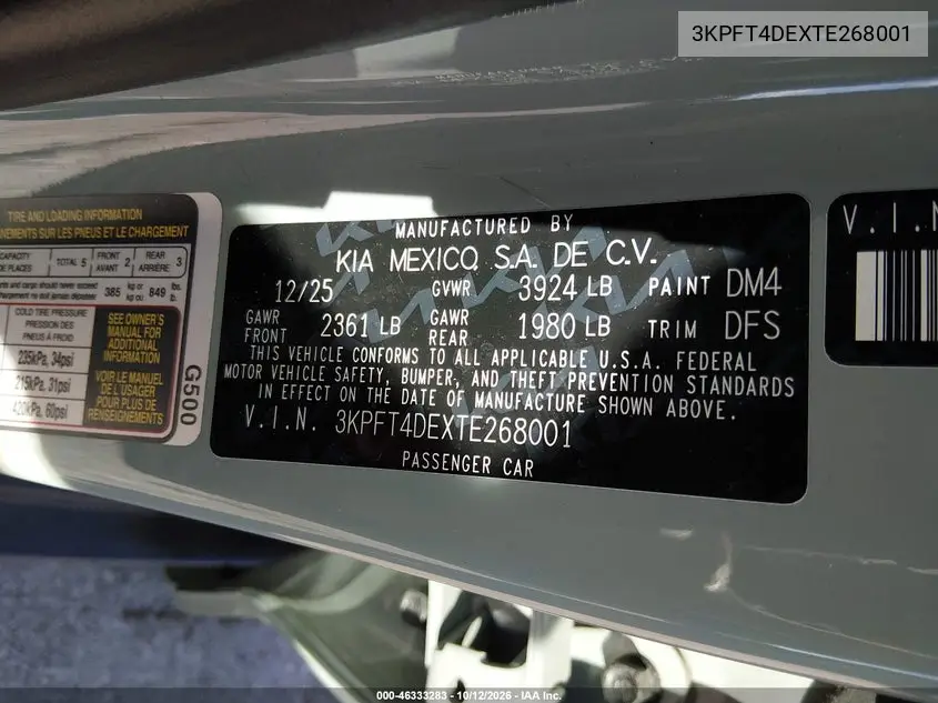 2026 KIA K4 VIN 3KPFT4DEXTE268001 — фото 9
