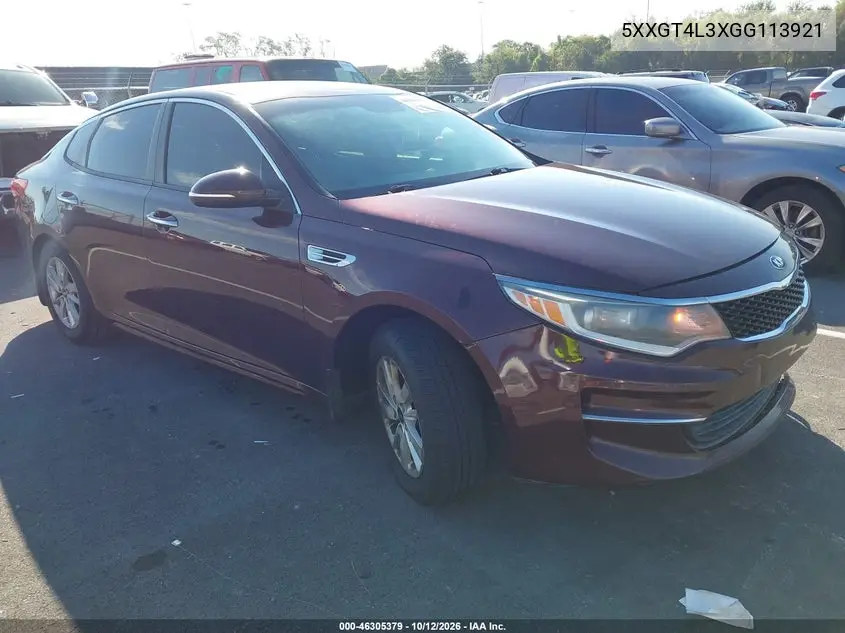 KIA OPTIMA 2016, VIN 5XXGT4L3XGG113921