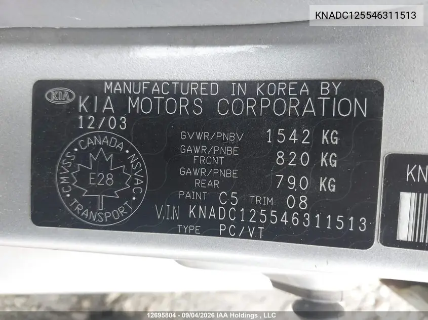 2004 KIA RIO VIN KNADC125546311513 — фото 19