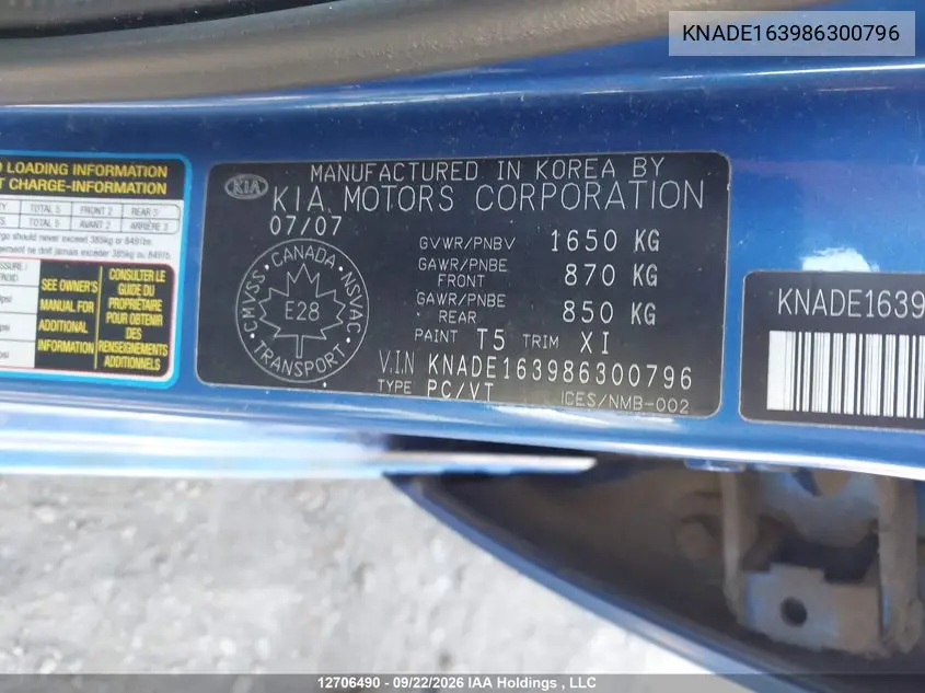 2008 KIA RIO VIN KNADE163986300796 — фото 18