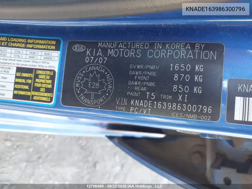 2008 KIA RIO VIN KNADE163986300796 — фото 9