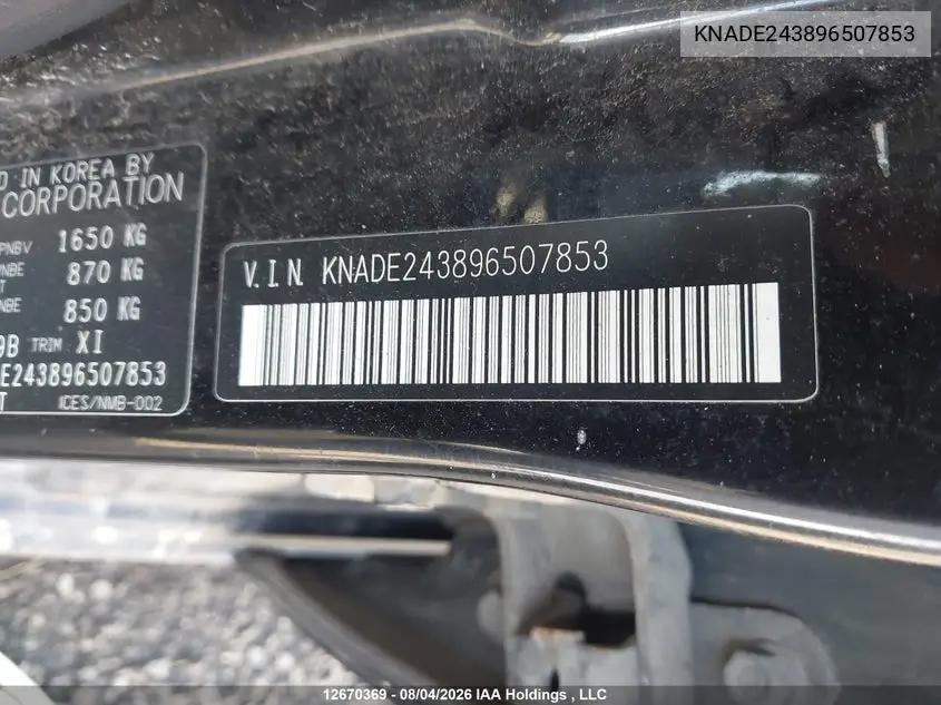 2009 KIA RIO VIN KNADE243896507853 — фото 9