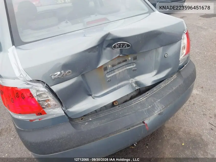 2009 KIA RIO VIN KNADE223596451678 — фото 6