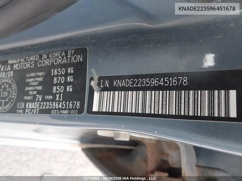 2009 KIA RIO VIN KNADE223596451678 — фото 9
