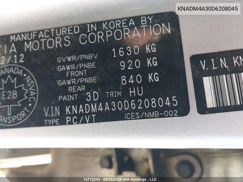 2013 KIA RIO VIN KNADM4A30D6208045 — фото 9