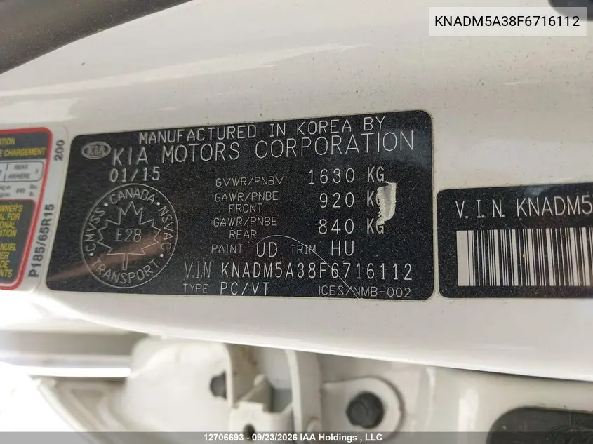 2015 KIA RIO VIN KNADM5A38F6716112 — фото 9