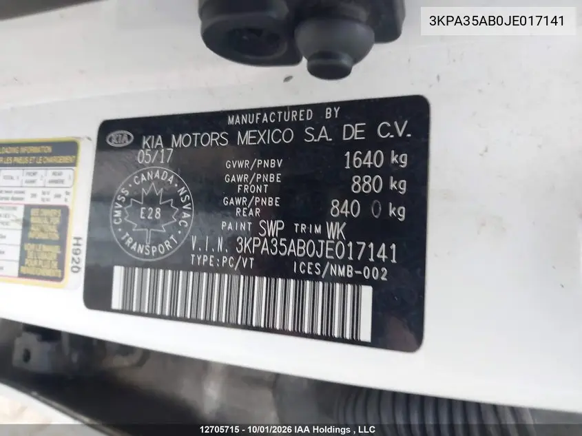 KIA RIO 2018, VIN 3KPA35AB0JE017141