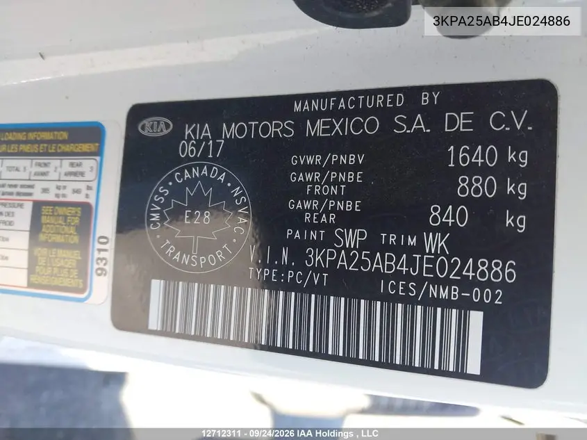2018 KIA RIO VIN 3KPA25AB4JE024886 — фото 19