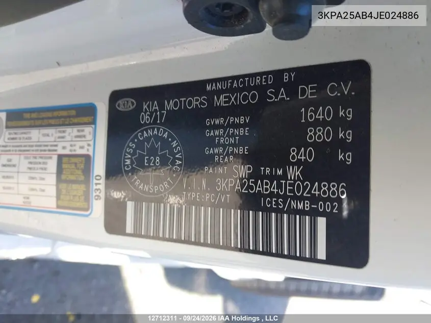 2018 KIA RIO VIN 3KPA25AB4JE024886 — фото 9