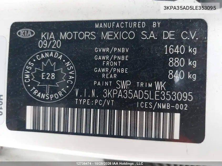 2020 KIA RIO VIN 3KPA35AD5LE353095 — фото 18