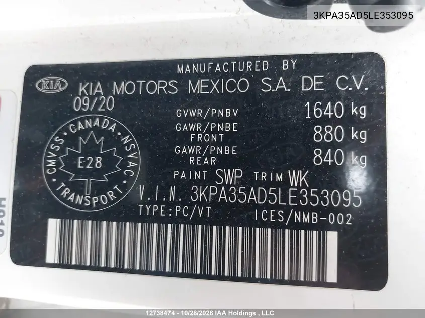 2020 KIA RIO VIN 3KPA35AD5LE353095 — фото 9