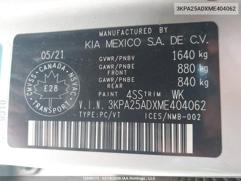 2021 KIA RIO VIN 3KPA25ADXME404062 — фото 18