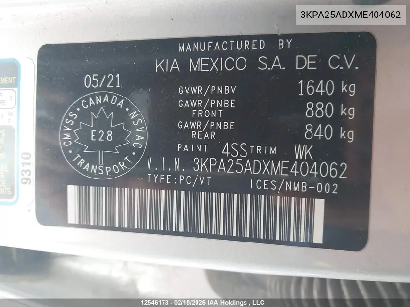 2021 KIA RIO VIN 3KPA25ADXME404062 — фото 9