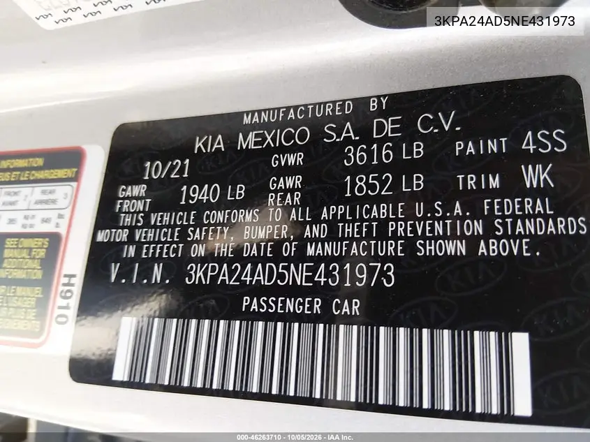 2022 KIA RIO VIN 3KPA24AD5NE431973 — фото 9