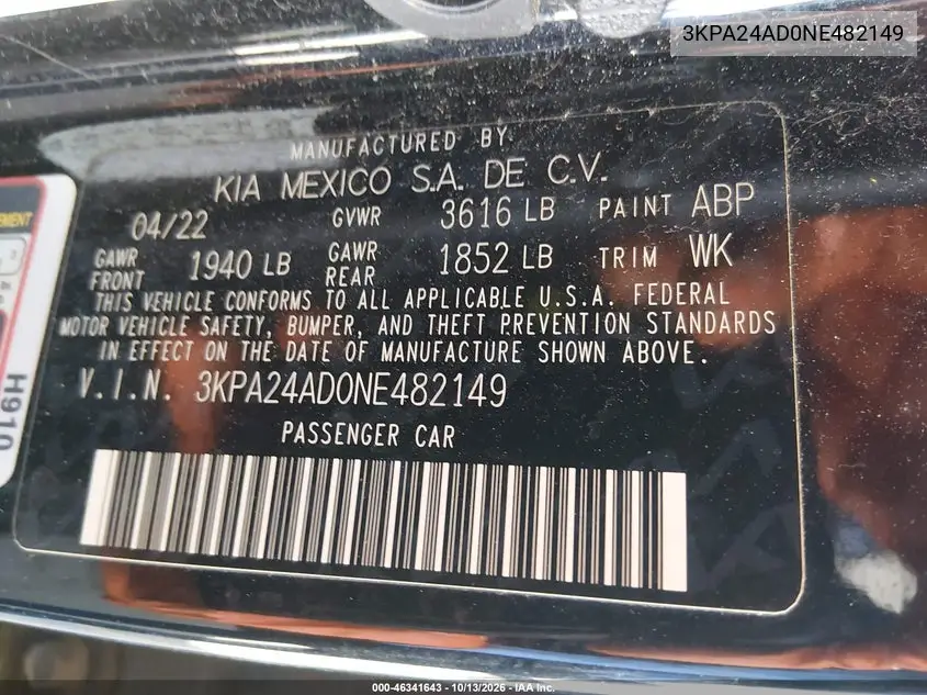 2022 KIA RIO VIN 3KPA24AD0NE482149 — фото 9