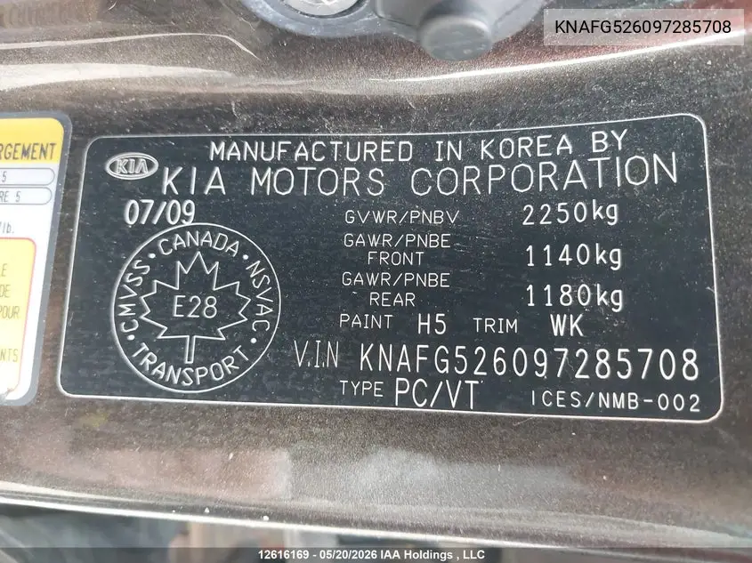 2009 KIA RONDO VIN KNAFG526097285708 — фото 9