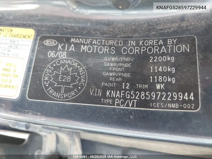 2009 KIA RONDO VIN KNAFG528597229944 — фото 9