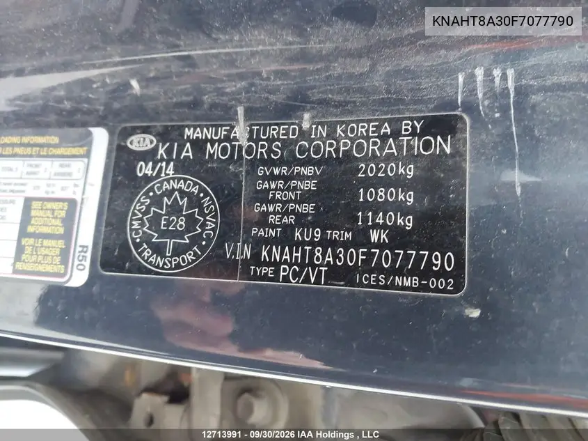 2015 KIA RONDO VIN KNAHT8A30F7077790 — фото 9