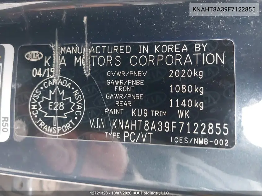 2015 KIA RONDO VIN KNAHT8A39F7122855 — фото 9